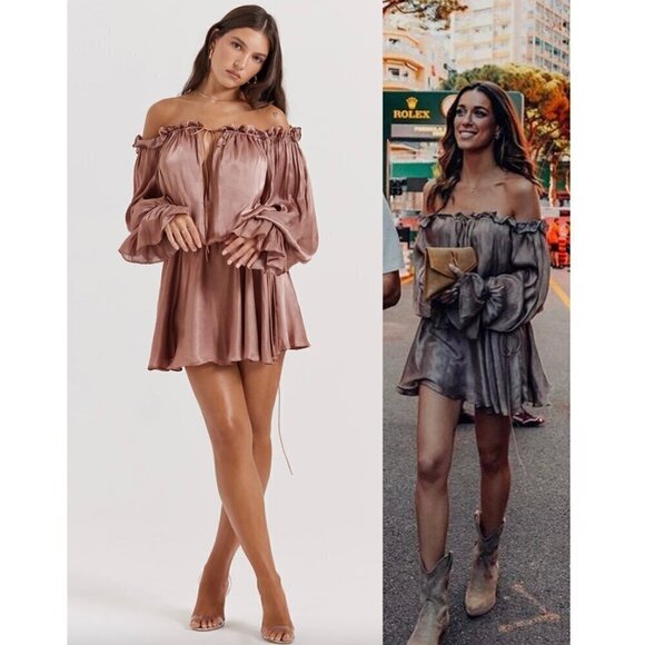 HOUSE OF CB Chaya Off Shoulder Dress in Hazelnut Size Small - Picture 3 of 16